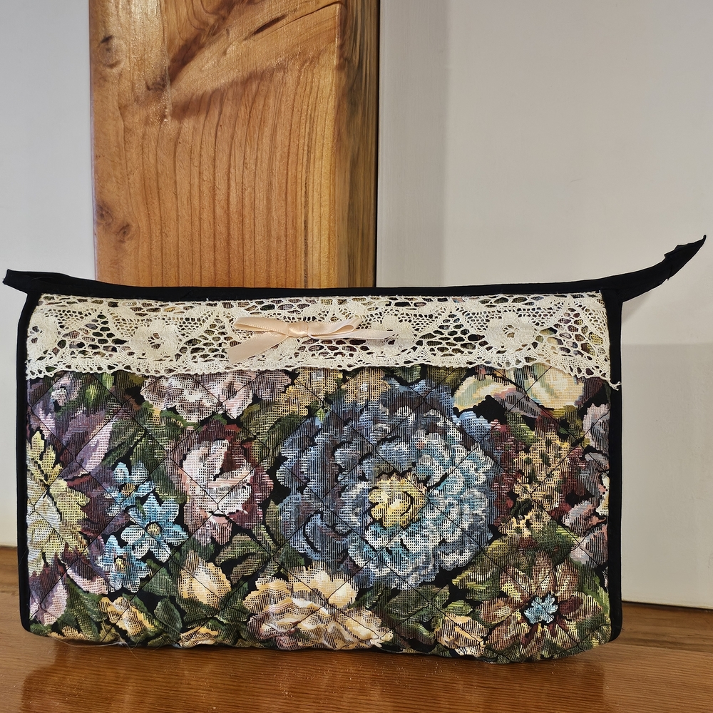 Rialto Floral Quilted Cosmetic Bag with Lace Trim - Cream & Multicolor